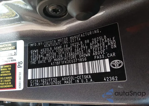 2014 Toyota Camry Se Sport z USA, uszkodzony, nr VIN 4T1BF1FK2EU371856